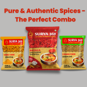 Surya369 Spice Essentials Combo – Masala Chilli 500g, Turmeric 100g & Coriander Powder 100g (Pure & Traditional)